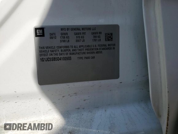 2013 Chevrolet Sonic LT with VIN 1G1JC5SB5D4100903, listed as a Copart auction lot 48154575 with 109,746 mi miles and Salvage Title. Bid and sale history available at DreamBid. Image 12.