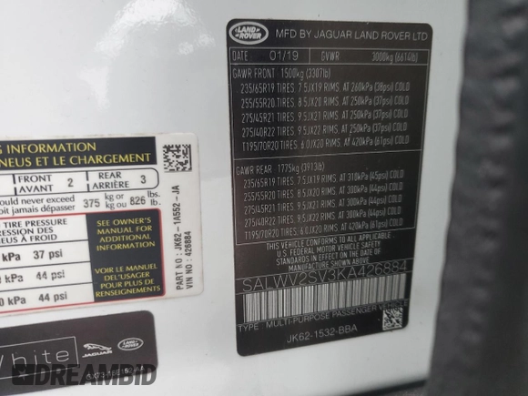 2019 Land Rover Range Rover Sport HSE Dynamic z VIN SALWV2SV3KA426884, wystawiony jako Copart lot #47987965 z przebiegiem 62 061 mil mil oraz Szkoda całkowita • Salvage title. Historia ofert i sprzedaży dostępna na DreamBid. Obrazek 13.