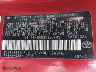 2009 Toyota Camry with VIN 4T1BE46K69U356402, listed as a IAAI auction lot 42038782 with 1 mi miles. Bid and sale history available at carsss.com. Image 9.