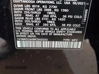 2021 Volkswagen Atlas SEL z VIN 1V2BR2CA0MC592033, wystawiony jako Copart lot #82707984 z przebiegiem 59 157 mil mil oraz Szkoda całkowita • Salvage title. Historia ofert i sprzedaży dostępna na DreamBid. Obrazek 14.