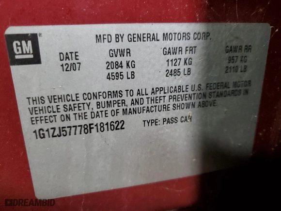 2008 Chevrolet Malibu LT w/2LT with VIN 1G1ZJ57778F181622, listed as a Copart auction lot 45554445 with 85,903 mi miles and Salvage Title. Bid and sale history available at carsss.com. Image 12.