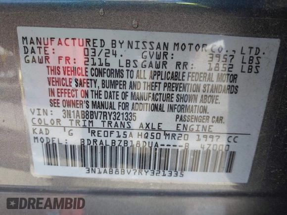 2024 Nissan Sentra S with VIN 3N1AB8BV7RY321335, listed as a IAAI auction lot 42025386 with 6,257 mi miles. Bid and sale history available at carsss.com. Image 9.