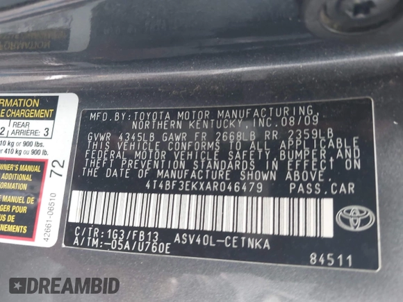 2010 Toyota Camry with VIN 4T4BF3EKXAR046479, listed as a IAAI auction lot 42144669 with 147,488 mi miles and . Bid and sale history available at DreamBid. Image 9.