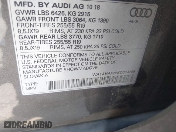 2019 Audi Q7 Premium with VIN WA1AHAF72KD014706, listed as a IAAI auction lot 42568441 with 43,763 mi miles and . Bid and sale history available at DreamBid. Image 9.