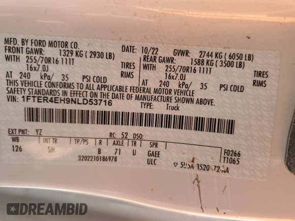2022 Ford Ranger XL with VIN 1FTER4EH9NLD53716, listed as a Copart auction lot 46409035 with 57,411 mi miles and Salvage Title. Bid and sale history available at DreamBid. Image 12.