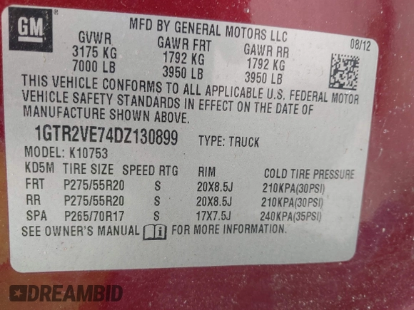2013 GMC Sierra 1500 SLE with VIN 1GTR2VE74DZ130899, listed as a IAAI auction lot 42133032 with 184,144 mi miles and . Bid and sale history available at DreamBid. Image 9.
