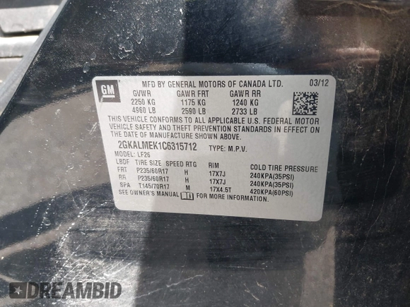 2012 GMC Terrain SLE-1 z VIN 2GKALMEK1C6315712, wystawiony jako IAAI lot #41848590 z przebiegiem 163 670 mil mil oraz . Historia ofert i sprzedaży dostępna na DreamBid. Obrazek 9.