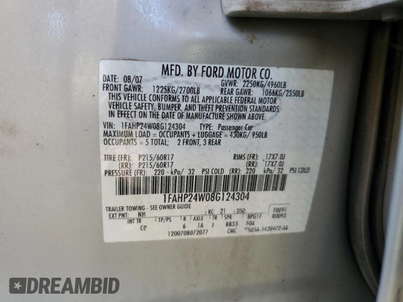 2008 Ford Taurus SEL with VIN 1FAHP24W08G124304, listed as a Copart auction lot 70812324 with 197,507 mi miles and Salvage Title. Bid and sale history available at carsss.com. Image 12.