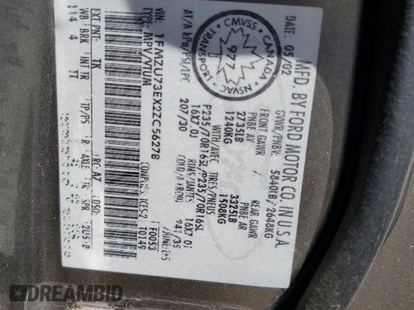 2002 Ford Explorer XLT с VIN 1FMZU73EX2ZC56278, выставлен на аукционе Copart как лот 59404155 с пробегом 237 552 миль миль и Списание • Salvage title. История ставок и продаж доступна на DreamBid. Изображение 13.