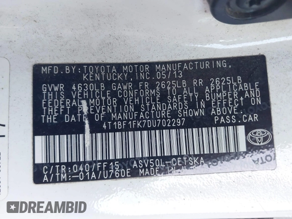 2013 Toyota Camry L with VIN 4T1BF1FK7DU702297, listed as a IAAI auction lot 41198744 with 178,973 mi miles. Bid and sale history available at carsss.com. Image 9.