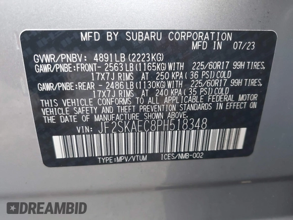 2023 Subaru Forester Premium with VIN JF2SKAEC8PH518348, listed as a IAAI auction lot 41858821 with 13,410 mi miles. Bid and sale history available at carsss.com. Image 9.