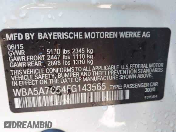 2015 BMW 5 Series 528i xDrive with VIN WBA5A7C54FG143565, listed as a IAAI auction lot 41948957 with 107,255 mi miles and . Bid and sale history available at carsss.com. Image 9.