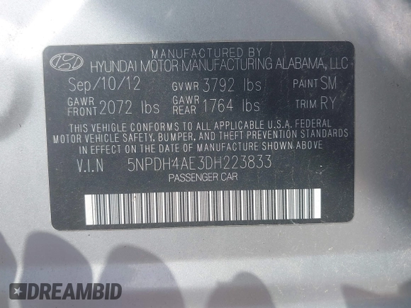 2013 Hyundai Elantra Limited with VIN 5NPDH4AE3DH223833, listed as a IAAI auction lot 42209982 with 169,665 mi miles and . Bid and sale history available at DreamBid. Image 9.