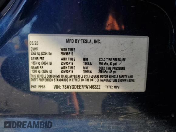 2023 Tesla Model Y Long Range with VIN 7SAYGDEE7PA146322, listed as a Copart auction lot 54071165 with 38,334 mi miles and Salvage Title. Bid and sale history available at DreamBid. Image 12.