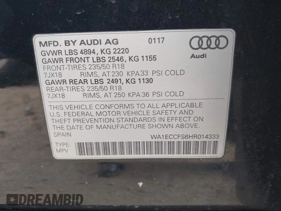 2017 Audi Q3 Premium with VIN WA1ECCFS6HR014333, listed as a IAAI auction lot 41471544 with 105,121 mi miles. Bid and sale history available at carsss.com. Image 9.