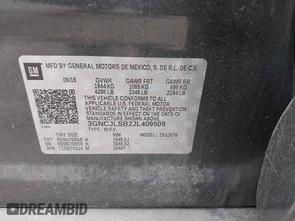 2018 Chevrolet Trax LT with VIN 3GNCJLSB2JL409509, listed as a IAAI auction lot 41800104 with 84,630 mi miles and . Bid and sale history available at carsss.com. Image 9.
