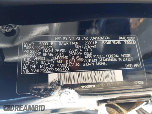 2007 Volvo XC90 I6 with VIN YV4CM982771389460, listed as a IAAI auction lot 41795521 with Not Provided miles and . Bid and sale history available at DreamBid. Image 9.