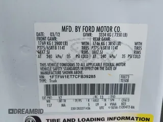 2012 Ford F-150 XL с VIN 1FTFW1ET7CFB39285, выставлен на аукционе IAAI как лот 42428906 с пробегом 122 717 миль миль и . История ставок и продаж доступна на DreamBid. Изображение 9.
