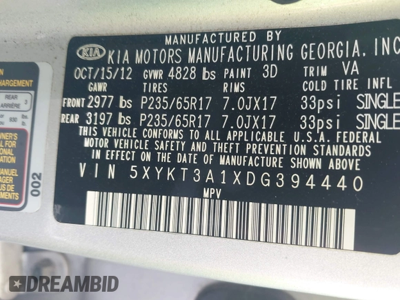 2013 Kia Sorento LX with VIN 5XYKT3A1XDG394440, listed as a IAAI auction lot 42544263 with 207,333 mi miles and . Bid and sale history available at DreamBid. Image 9.