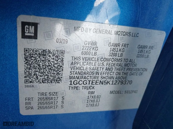 2019 Chevrolet Colorado 4WD ZR2 with VIN 1GCGTEEN5K1279370, listed as a IAAI auction lot 41879724 with 99,012 mi miles. Bid and sale history available at carsss.com. Image 9.