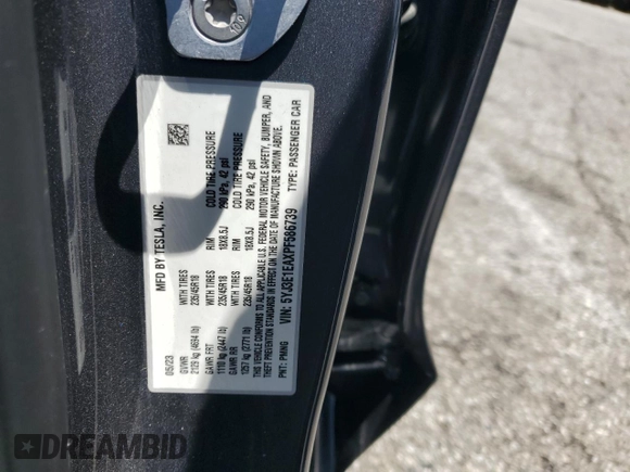 2023 Tesla Model 3 с VIN 5YJ3E1EAXPF586739, выставлен на аукционе Copart как лот 62958685 с пробегом 32 650 миль миль и Списание • Salvage title. История ставок и продаж доступна на DreamBid. Изображение 13.