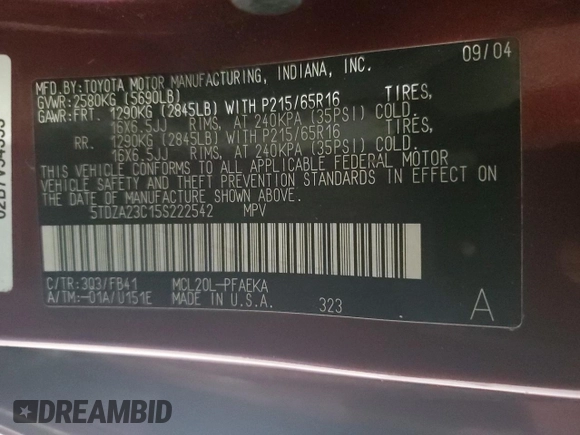 2005 Toyota Sienna CE with VIN 5TDZA23C15S222542, listed as a Copart auction lot 44694804 with 368,400 mi miles and Non Repairable. Bid and sale history available at carsss.com. Image 13.