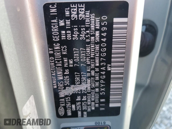 2016 Kia Sorento LX with VIN 5XYPG4A37GG044950, listed as a Copart auction lot 49677915 with 110,094 mi miles and Salvage Title. Bid and sale history available at DreamBid. Image 13.