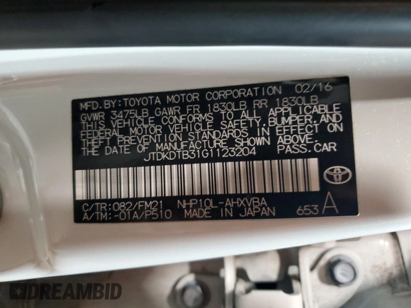 2016 Toyota Prius One with VIN JTDKDTB31G1123204, listed as a Copart auction lot 53493915 with 76,742 mi miles and Clean title. Bid and sale history available at DreamBid. Image 12.