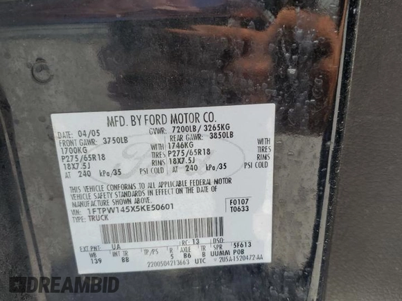 2005 Ford F-150 XLT with VIN 1FTPW145X5KE50601, listed as a Copart auction lot 62099075 with 1,960,760 mi miles and Salvage title. Bid and sale history available at DreamBid. Image 12.
