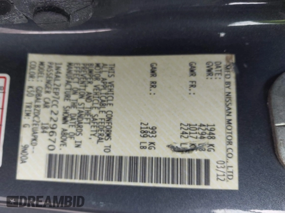 2012 Nissan Altima S with VIN 1N4AL2EP7CC229670, listed as a IAAI auction lot 41960899 with 226,376 mi miles and . Bid and sale history available at DreamBid. Image 9.