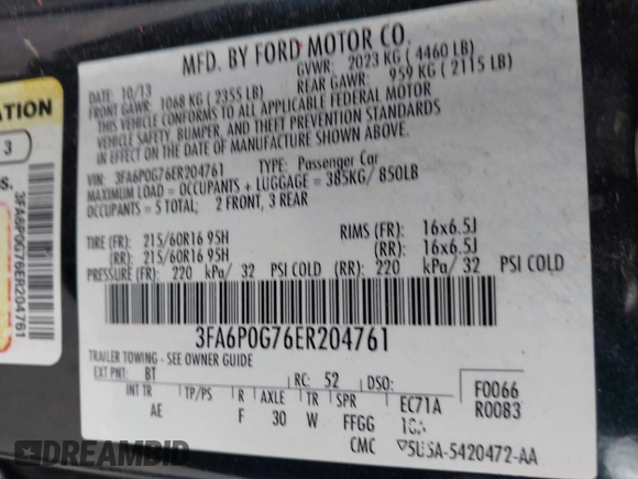 2014 Ford Fusion S with VIN 3FA6P0G76ER204761, listed as a IAAI auction lot 41948590 with 171,605 mi miles and . Bid and sale history available at DreamBid. Image 9.
