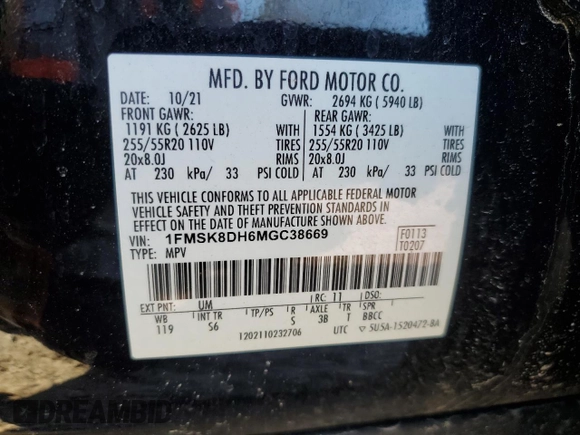 2021 Ford Explorer XLT with VIN 1FMSK8DH6MGC38669, listed as a Copart auction lot 48552145 with 53,440 mi miles and Salvage Title. Bid and sale history available at carsss.com. Image 13.