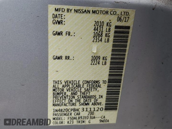 2017 Nissan LEAF SL with VIN 1N4BZ0CP8HC311120, listed as a Copart auction lot 52154223 with 40,878 mi miles. Bid and sale history available at carsss.com. Image 12.