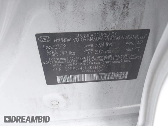2019 Hyundai Elantra SE with VIN 5NPD74LF8KH466771, listed as a IAAI auction lot 41939834 with 68,062 mi miles and . Bid and sale history available at DreamBid. Image 9.