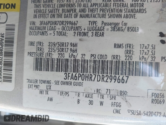 2013 Ford Fusion SE with VIN 3FA6P0HR7DR299667, listed as a IAAI auction lot 42422027 with Not provided miles and . Bid and sale history available at DreamBid. Image 9.
