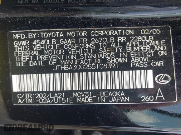 2005 Lexus ES 350 с VIN JTHBA30G255108391, выставлен на аукционе IAAI как лот 42269524 с пробегом 176 181 миль миль и . История ставок и продаж доступна на DreamBid. Изображение 9.