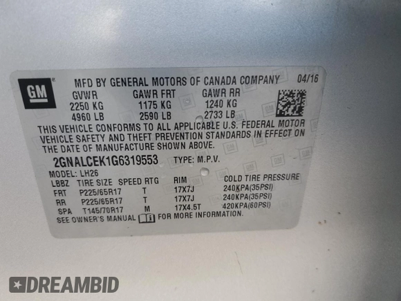 2016 Chevrolet Equinox LT with VIN 2GNALCEK1G6319553, listed as a Copart auction lot 47806615 with 120,815 mi miles and Salvage Title. Bid and sale history available at carsss.com. Image 13.