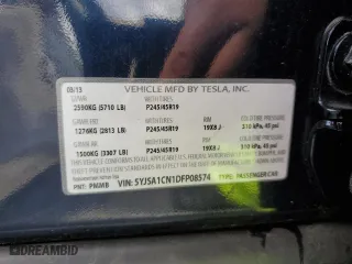 2013 Tesla Model S with VIN 5YJSA1CN1DFP08574, listed as a Copart auction lot 48762375 with 197,328 mi miles and Salvage Title. Bid and sale history available at carsss.com. Image 12.