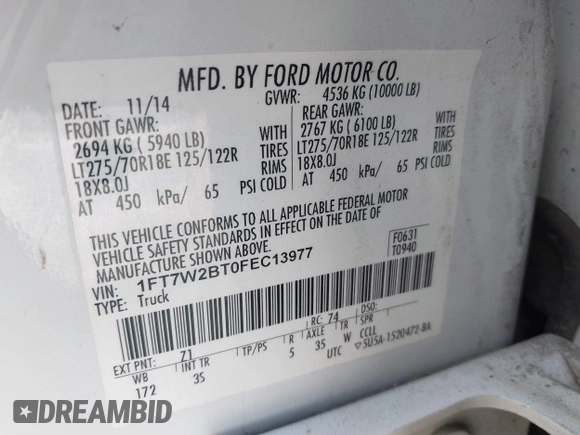 2015 Ford F-250 Lariat with VIN 1FT7W2BT0FEC13977, listed as a IAAI auction lot 41517987 with 231,019 mi miles and . Bid and sale history available at DreamBid. Image 9.