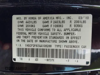 2010 Honda Accord EX-L z VIN 1HGCP2F87AA108288, wystawiony jako IAAI lot #42264267 z przebiegiem 296 891 mil mil oraz . Historia ofert i sprzedaży dostępna na DreamBid. Obrazek 9.