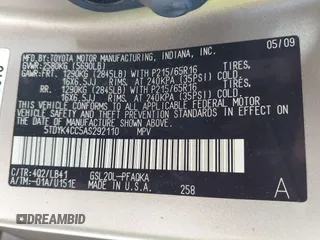 2010 Toyota Sienna XLE with VIN 5TDYK4CC5AS292110, listed as a IAAI auction lot 42055505 with 107,390 mi miles. Bid and sale history available at carsss.com. Image 9.