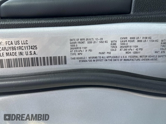 2024 Jeep Grand Cherokee с VIN 1C4RJYB61RC117425, выставлен на аукционе Copart как лот 62613125 с пробегом 16 170 миль миль и Чистый • Clean title. История ставок и продаж доступна на DreamBid. Изображение 10.