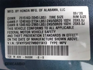 2021 Honda Pilot Special Edition with VIN 5FNYF5H27MB011413, listed as a IAAI auction lot 42082680 with 27,474 mi miles and . Bid and sale history available at carsss.com. Image 9.