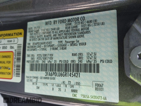 2016 Ford Fusion SE Hybrid z VIN 3FA6P0LU6GR145421, wystawiony jako IAAI lot #42650918 z przebiegiem 105 990 mil mil oraz . Historia ofert i sprzedaży dostępna na DreamBid. Obrazek 9.