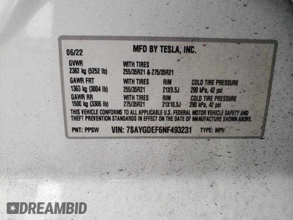 2022 Tesla Model Y Performance with VIN 7SAYGDEF6NF493231, listed as a Copart auction lot 52336284 with 37,116 mi miles and Salvage title. Bid and sale history available at DreamBid. Image 14.