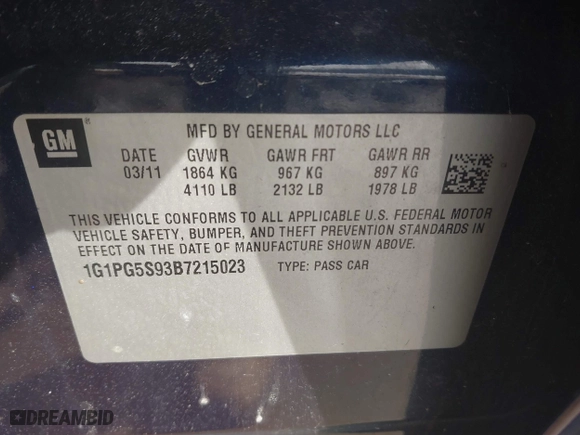 2011 Chevrolet Cruze LT w/2LT with VIN 1G1PG5S93B7215023, listed as a IAAI auction lot 41654819 with 124,443 mi miles. Bid and sale history available at carsss.com. Image 9.