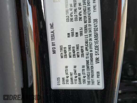2025 Tesla Model 3 Long Range z VIN 5YJ3E1EA9SF924138, wystawiony jako Copart lot #48324125 z przebiegiem 2 445 mil mil oraz Szkoda całkowita • Salvage title. Historia ofert i sprzedaży dostępna na DreamBid. Obrazek 15.