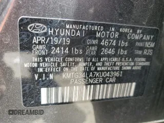 2019 Genesis G70 Advanced with VIN KMTG34LA7KU043961, listed as a Copart auction lot 60412685 with 47,710 mi miles and Salvage title. Bid and sale history available at DreamBid. Image 13.