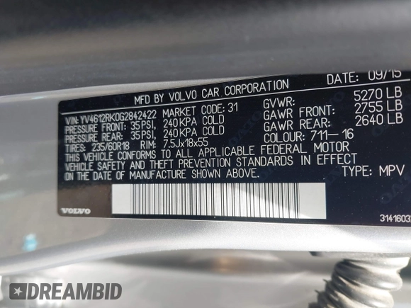2016 Volvo XC60 T5 Premier with VIN YV4612RK0G2842422, listed as a IAAI auction lot 42123143 with 165,081 mi miles. Bid and sale history available at carsss.com. Image 9.