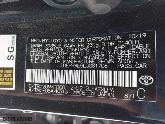 2020 Toyota Corolla LE with VIN JTDEPRAE5LJ081706, listed as a IAAI auction lot 41686857 with 38,430 mi miles. Bid and sale history available at carsss.com. Image 9.